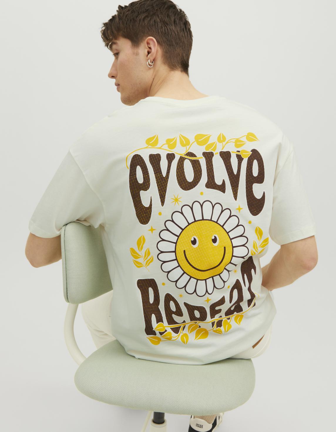 Erkek Yazı Baskılı Bisiklet Yaka Tişört - Evolve Beyaz