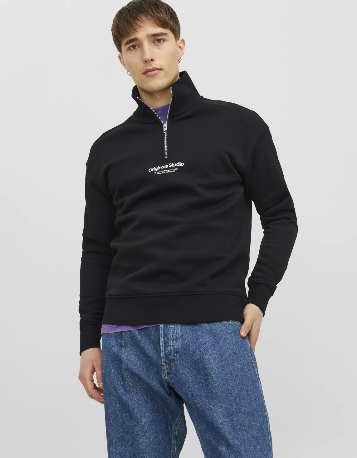 Erkek Dik Yaka Yarım Fermuarlı Sweatshirt - Vesterbro Siyah